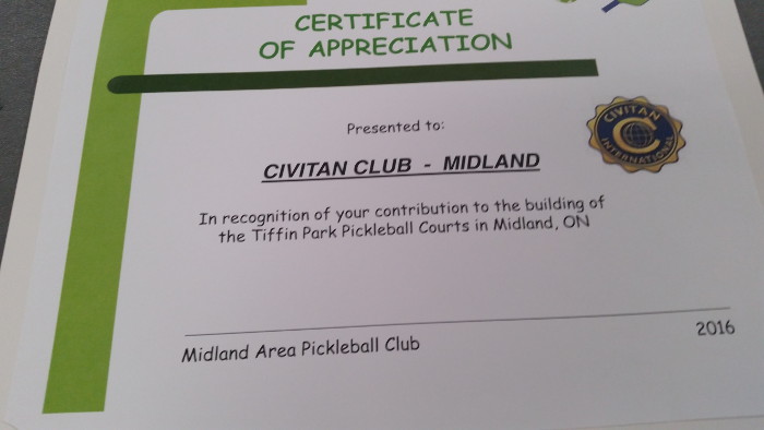 Tiffin Park Pickleball Courts Appreciation Certificate